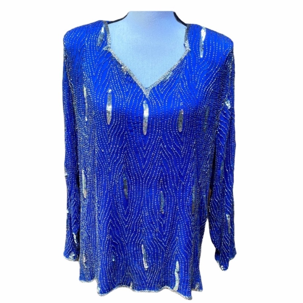 Vintage Blue Beaded Silk Top